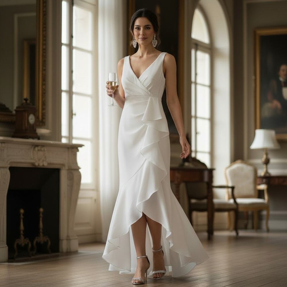 G-24 Betsy & Adam White Dress Size 10 NWT – Elegant Ruffle High‑Low Hem